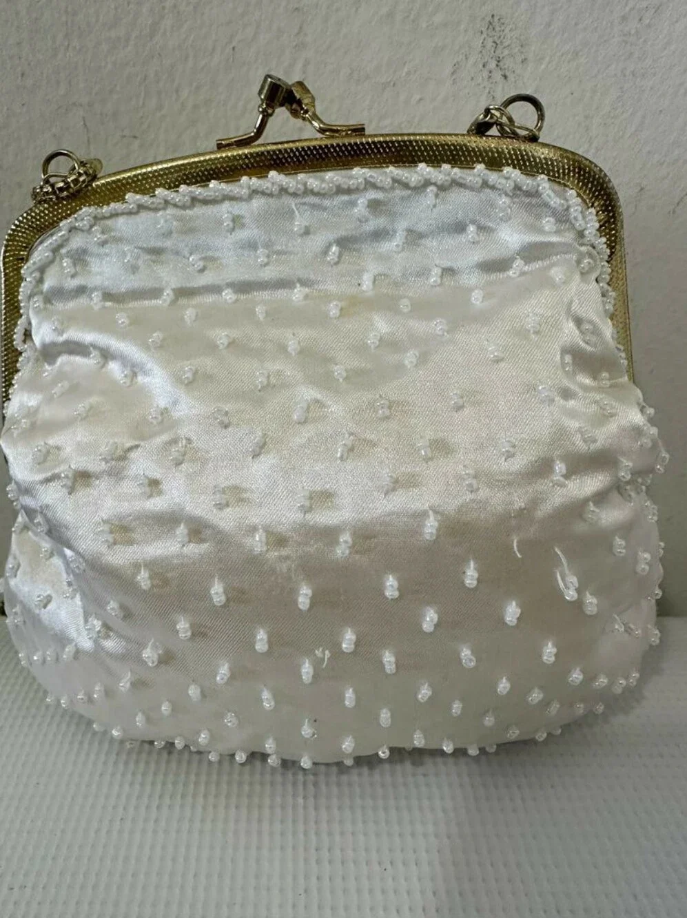 Vintage Beaded Evening Bag  Ivory Beads and a Gold-tone Metal Frame